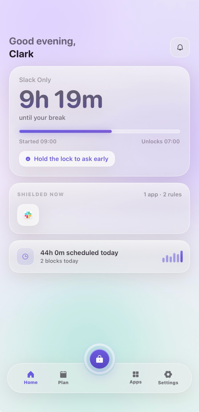 DLM's Home screen — a Slack block counting down, 9h 19m until the break.